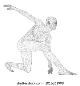 Male athlete discus thrower or a runner, in standby or low start. Views from different sides. Vector illustration of black, triangular grid on a white background.