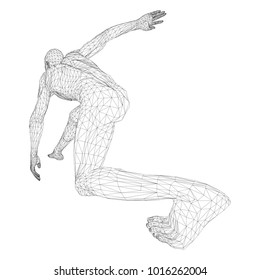Male athlete discus thrower or a runner, in standby or low start. Views from different sides. Vector illustration of black, triangular grid on a white background.