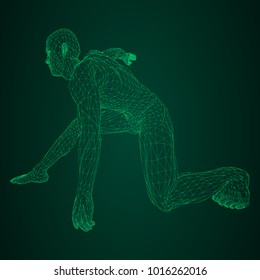 Male athlete discus thrower or a runner, in standby or low start. Views from different sides. Vector illustration of green neon glowing triangular mesh on black and green background.