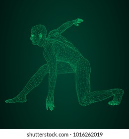 Male athlete discus thrower or a runner, in standby or low start. Views from different sides. Vector illustration of green neon glowing triangular mesh on black and green background.