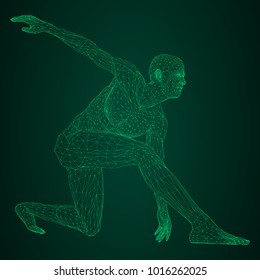 Male athlete discus thrower or a runner, in standby or low start. Views from different sides. Vector illustration of green neon glowing triangular mesh on black and green background.