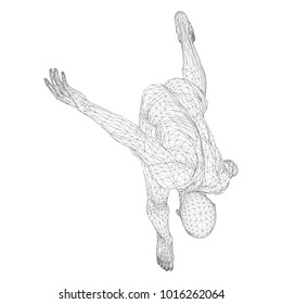 Male athlete discus thrower or a runner, in standby or low start. Views from different sides. Vector illustration of black, triangular grid on a white background.