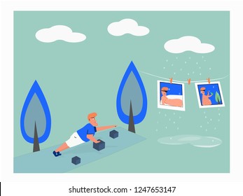 Male athlete doing push ups. Vector illustration in cartoon style