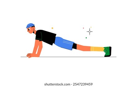 Atleta Masculino Fazendo Push Up Na Ilustração De Vetor Plano Simbolizando Força, Resistência E Treinamento De Fitness, Isolado No Fundo Branco.