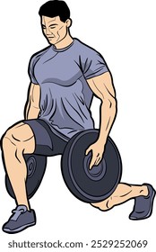  Um atleta do sexo masculino se envolve em um exercício de treinamento de peso, demonstrando força e determinação. Esta ilustração destaca a aptidão e a dedicação ao exercício através de poses de treinamento eficazes.