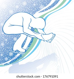 Male athlete figure skates in tilt.Back abstract snowflakes background  and wavy lines. Vector Illustration of winter sports.
