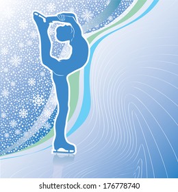 Male athlete figure skates.Back abstract snowflakes background  and wavy lines. Vector Illustration of winter sports.