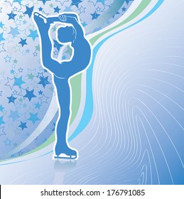 Male athlete figure skates.Back abstract stars background  and wavy lines.Design template,screensaver,poster,sticker.Vector Illustration of winter sports.