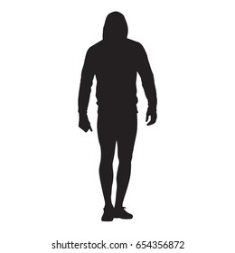 Male athlete goes in a hooded sweatshirt. Sprinter keeps the body warm. Vector silhouette