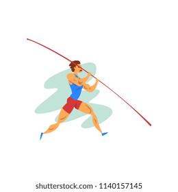 Male athlete jumping with a pole, professional sportsman at sporting championship athletics competition vector Illustration on a white background