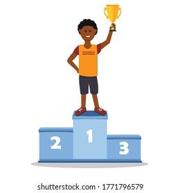Male athlete on the podium in the first place holding the prize gold Cup, color vector illustration in the style of flat, design, decoration, banner, poster