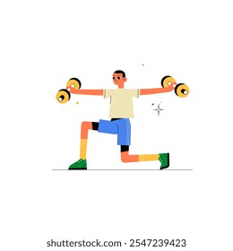 Atleta Masculino Que Realiza Estocadas Con Mancuernas En Ilustración vectorial Plana Que Simboliza El Entrenamiento De Fuerza, La Aptitud Y La Salud, Aislado Sobre Fondo Blanco.