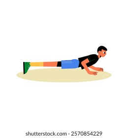 Male Athlete Performing Plank Exercise In Flat Vector Illustration Symbolizing Fitness, Strength Training, And Healthy Lifestyle, Isolated On White Background.