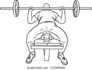 male athlete performs a bench press lying at an angle exercise, vector illustration in a minimalistic online style, decor for a magazine, signboard, poster, banner, sports business theme, gym