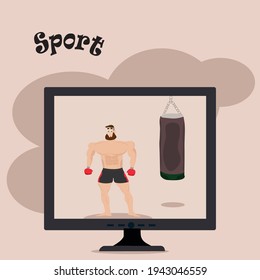 Male athlete player character boxing, active sport lifestyle vector flat illustration,
concept of online training for men in boxing, character