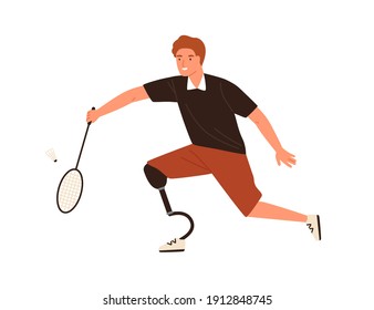 Male athlete playing badminton vector flat illustration. Disabled young man with prosthetic leg holding racket hitting on shuttlecock isolated. Person with disability performing sports activity.