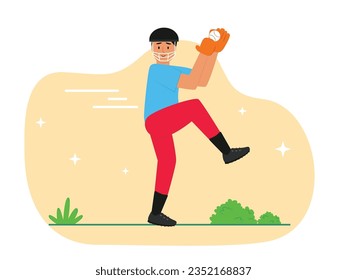 Male athlete playing baseball, throwing ball with gloves and training helmet for championship. Character design. Vector flat illustration.