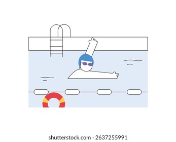 Male athlete is practicing swimming for championship, professional training. Character design. Vector flat illustration
