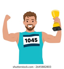 O atleta masculino orgulhosamente flexiona seus músculos enquanto segura um troféu de ouro, comemorando sua vitória. Ilustração de vetor plano isolada no plano de fundo branco