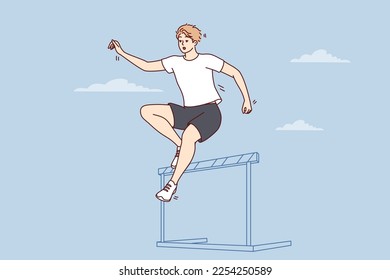 Male athlete running up jumps over barrier during important competition. Purposeful guy in casual clothes makes jump in preparation for championship wishes to get gold medal. Flat vector illustration 
