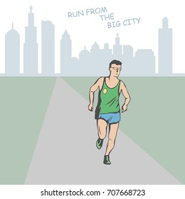
male athlete runs along the road. Far on the horizon is the silhouette of a large city.