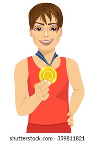 male athlete showing his gold medal