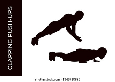 Male athlete silhouette doing calisthenics clapping push-ups exercise isolated on white background. Functional training with own weight. Training at home. Vector illustration for web and printing.