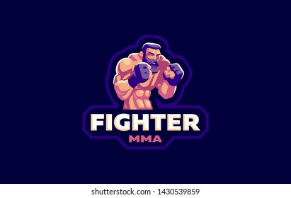 A male athlete in sport gloves with a bare-chested body stands in a fighting stance. Vector illustration.