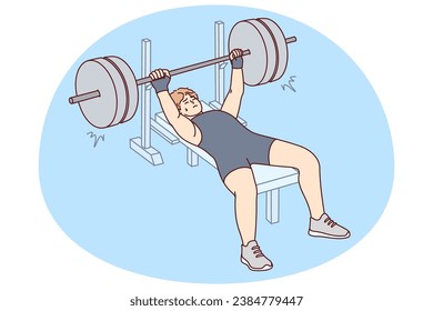 Male athlete in sportswear lift barbell in gym. Man powerlifter training preparing for competition. Sport and workout. Vector illustration.