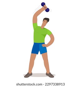 A male athlete standing up performs an exercise with dumbbells. Bodybuilder raises a dumbbell above him. Sports lifestyle. Vector flat cartoon isolated on white background.