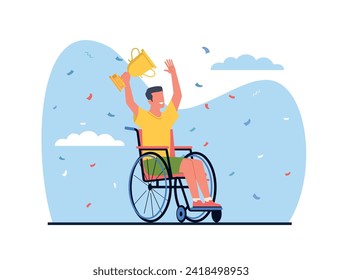 Male athlete in wheelchair holds gold winners trophy. Paralyzed man win competition. Cartoon flat isolated vector concept