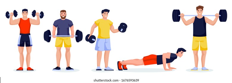 Male athletes or bodybuilding instructors in different poses on white background. Fitness and gym characters with barbells and dumbbells. Vector flat cartoon illustration of workout men