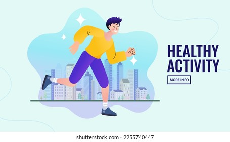 Male athletes running in the city. Healthy activity and lifestyle. Sprint, jogging, warming up. stadium track or street landscape. Road safety rule. Flat vector illustration.