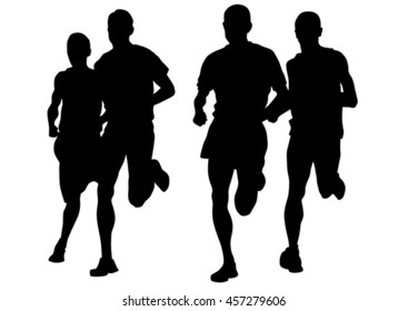 Male athletes running race on white background