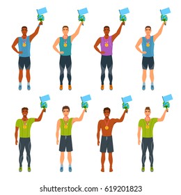 Male athletes in sports uniform holding flower bouquet and flag in outstretched hand up. Boys winners, took first place prize. The man winners of marathon, competition. Vector illustration isolated.