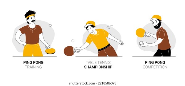 Male athlets ping pong players in sports outfit set. hitting ball. Cheerful men playing table tennis at physical training, sports tournament or championship cartoon thin line vector illustration