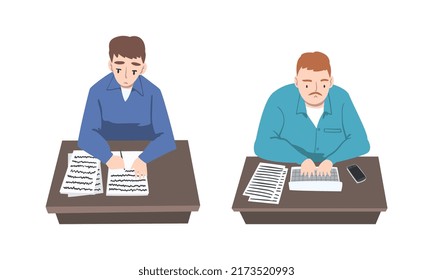 Male Authors Writing Articles Set. Writers Typing On Laptop Computer And Writing On Paper Cartoon Vector Illustration