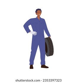 Male auto mechanic cartoon character holding car tire standing isolated on white background