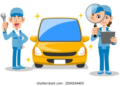A male auto mechanic who maintains a car and a female auto mechanic who checks for problems