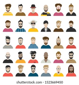 Male avatar heads. Various type of men faces. Vector.  