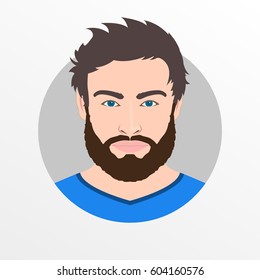 Male avatar icon or portrait. Handsome young man face with beard. Vector illustration.