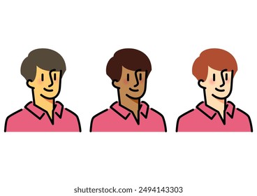 Male avatar icon. Set of diverse female faces with different skin colors.