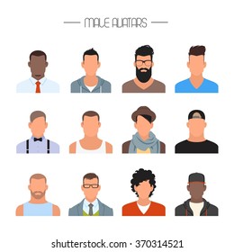 Male avatar icons vector set. People characters in flat style. Design elements isolated on white background. Faces with different styles and nationalities.