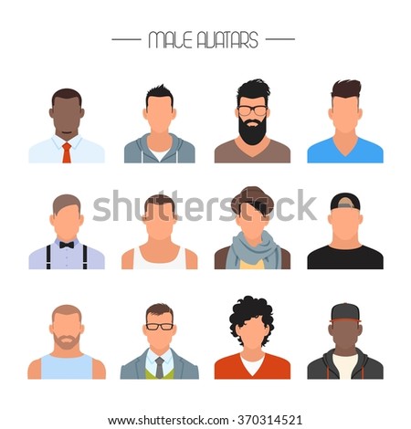 Male avatar icons vector set. People characters in flat style. Design elements isolated on white background. Faces with different styles and nationalities.