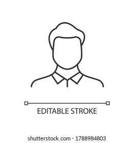 Male avatar linear icon. Human resources. Employee for company career. Corporate businessman. Thin line customizable illustration. Contour symbol. Vector isolated outline drawing. Editable stroke