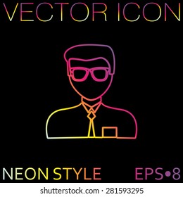 A male avatar. Picture a man. Round icon image guy in glasses and tie . Manager or an office worker .