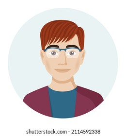 Male avatar, portrait of a man with glasses. Vector illustration of male character in modern color style
