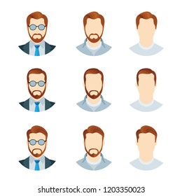 Male avatar profile picture icon set.
Man head illustration with different hair styles, glasses and beard.