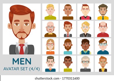 Male avatar set. Collection of 16 avatars with different hairstyles, face shapes, skin color and clothing. Set 4 of 4.