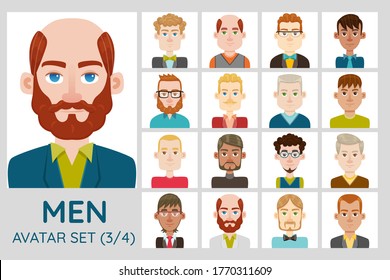 Male avatar set. Collection of 16 avatars with different hairstyles, face shapes, skin color and clothing. Set 3 of 4.